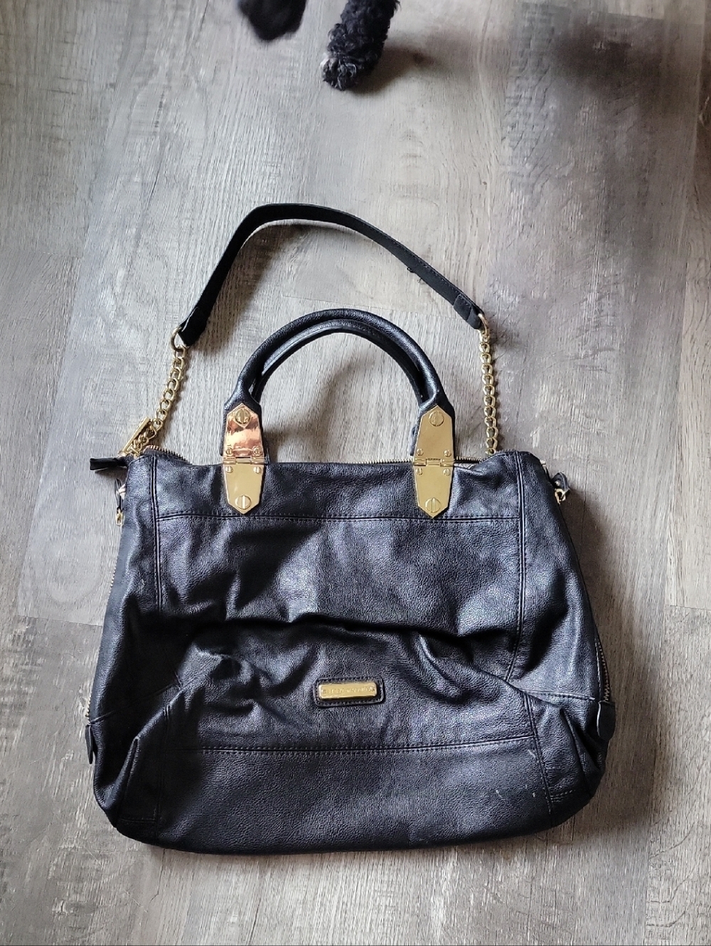 Steven Madden Black Satchel Handbag with Gold Hardware - Women Bags